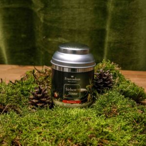 Ein Bild des Tees "Sieben Sinne" des Haus Franziskus in der 50g Dose. Die Dose ähnelt in ihrer Form der Wallfahrtskirche in Freystadt. Ein BIO Kräutertee. Dekoriert auf Moos mit Kiefernzapfen und olivfarbenem Hintergrund.